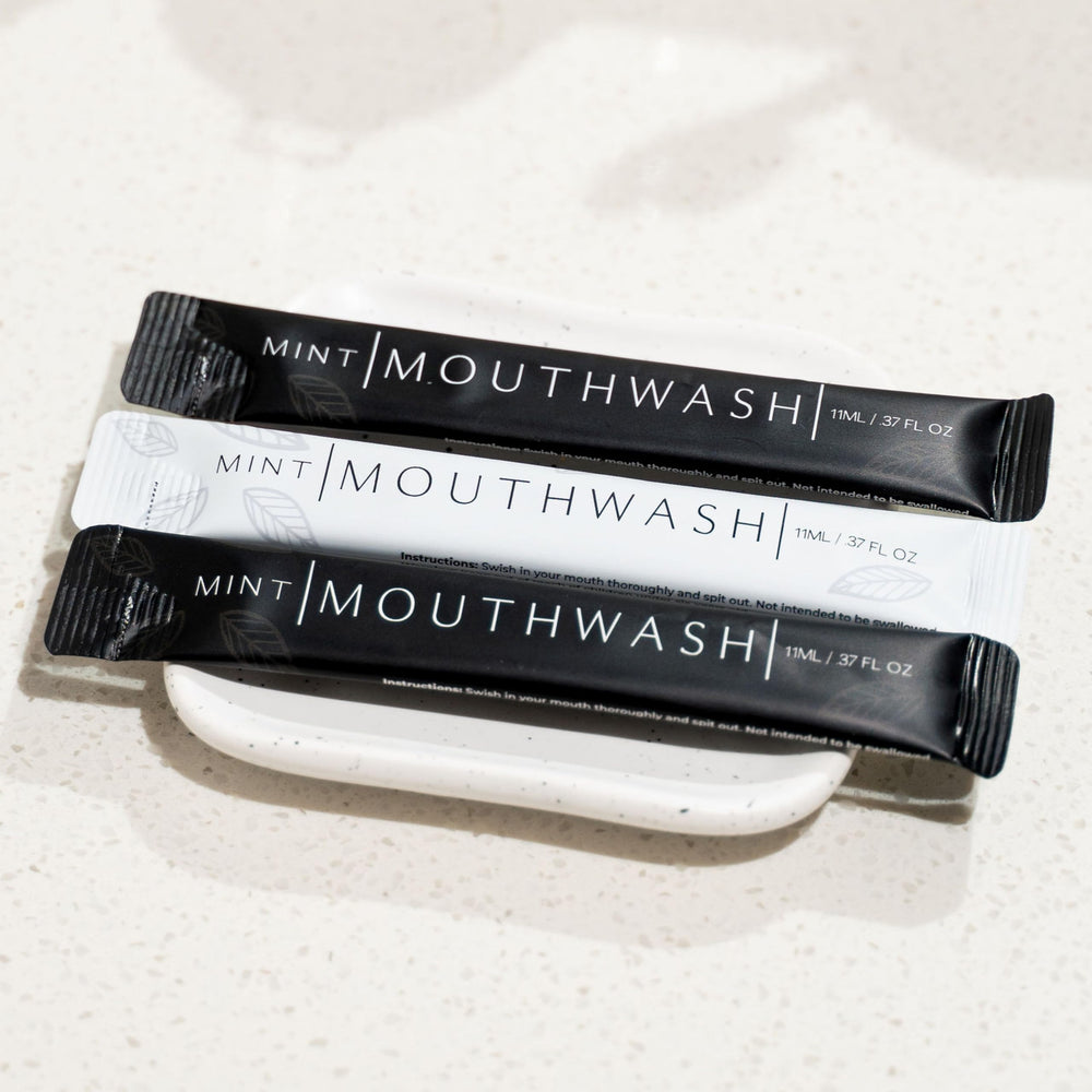 Go Mouthwash guest bathroom amenity pack ready for hotel rooms.