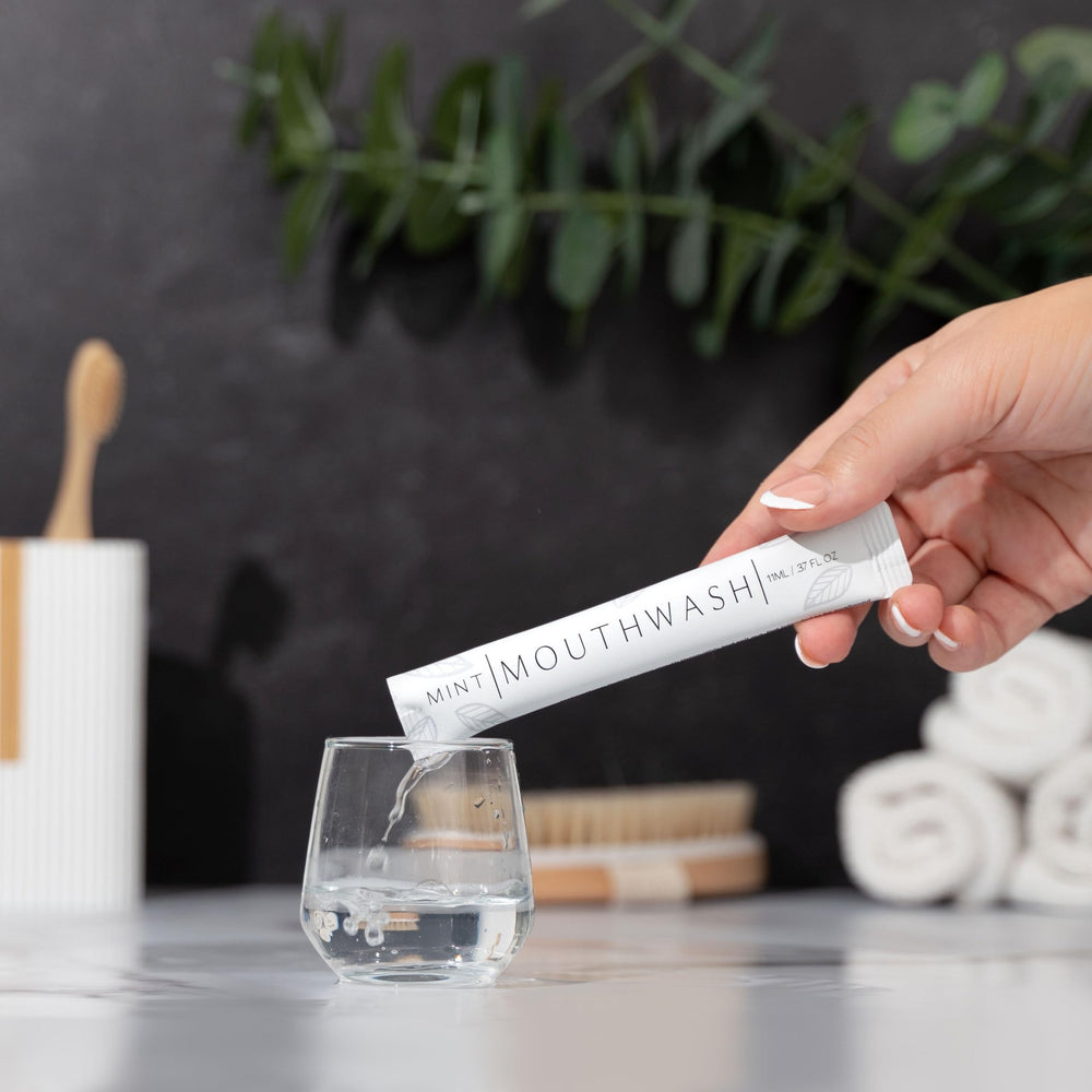 Mini Go Mouthwash packet showcases easy-to-use single-dose format.
