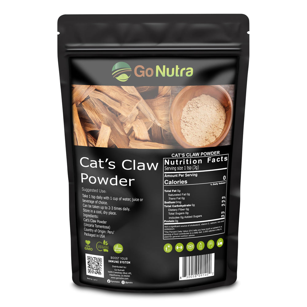 Go Nutra cat's claw powder container for convenient daily use.