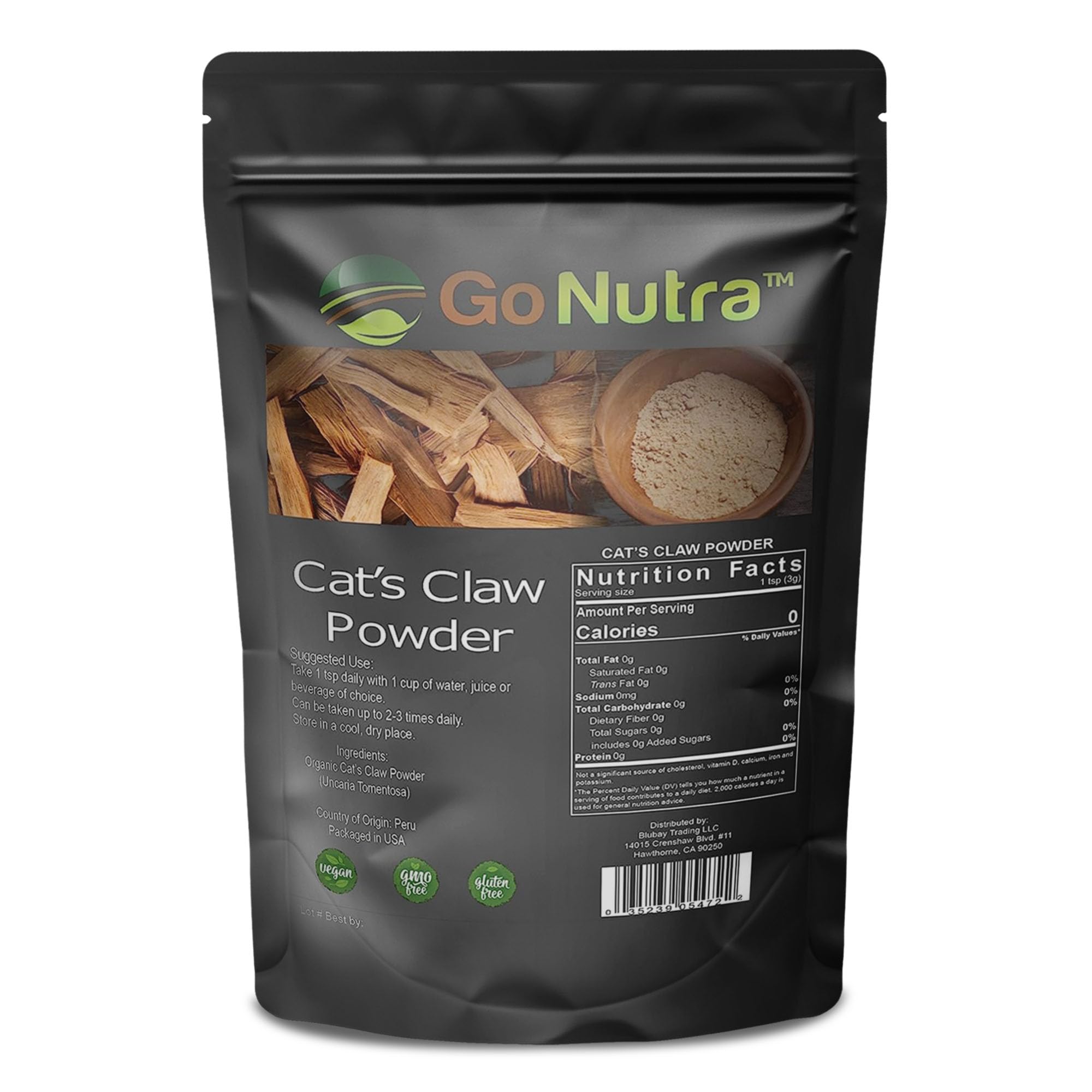 Go Nutra cat's claw powder shown in a kitchen setting.