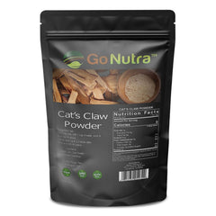 Go Nutra cat's claw powder shown in a kitchen setting.