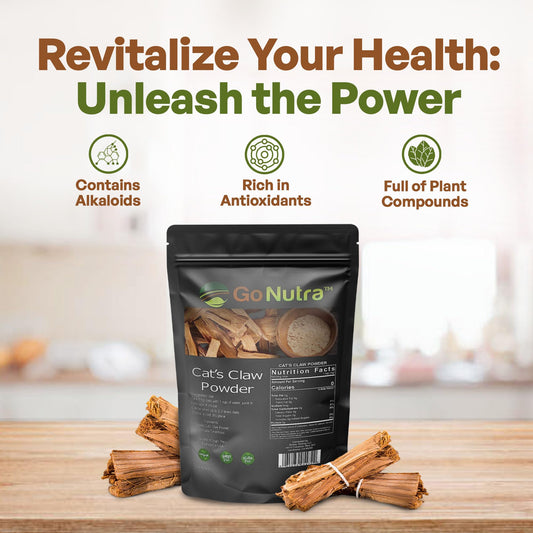 Go Nutra cat's claw powder near a teacup for tea infusion.