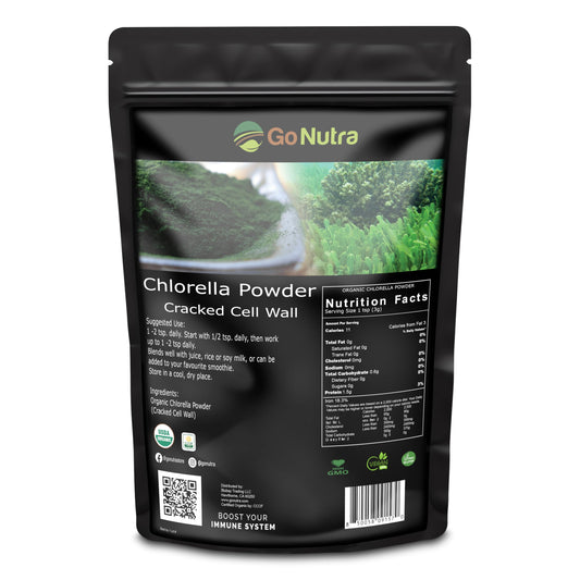 Go Nutra Chlorella Powder cracked-cell bottle showing nutrient-packed formula