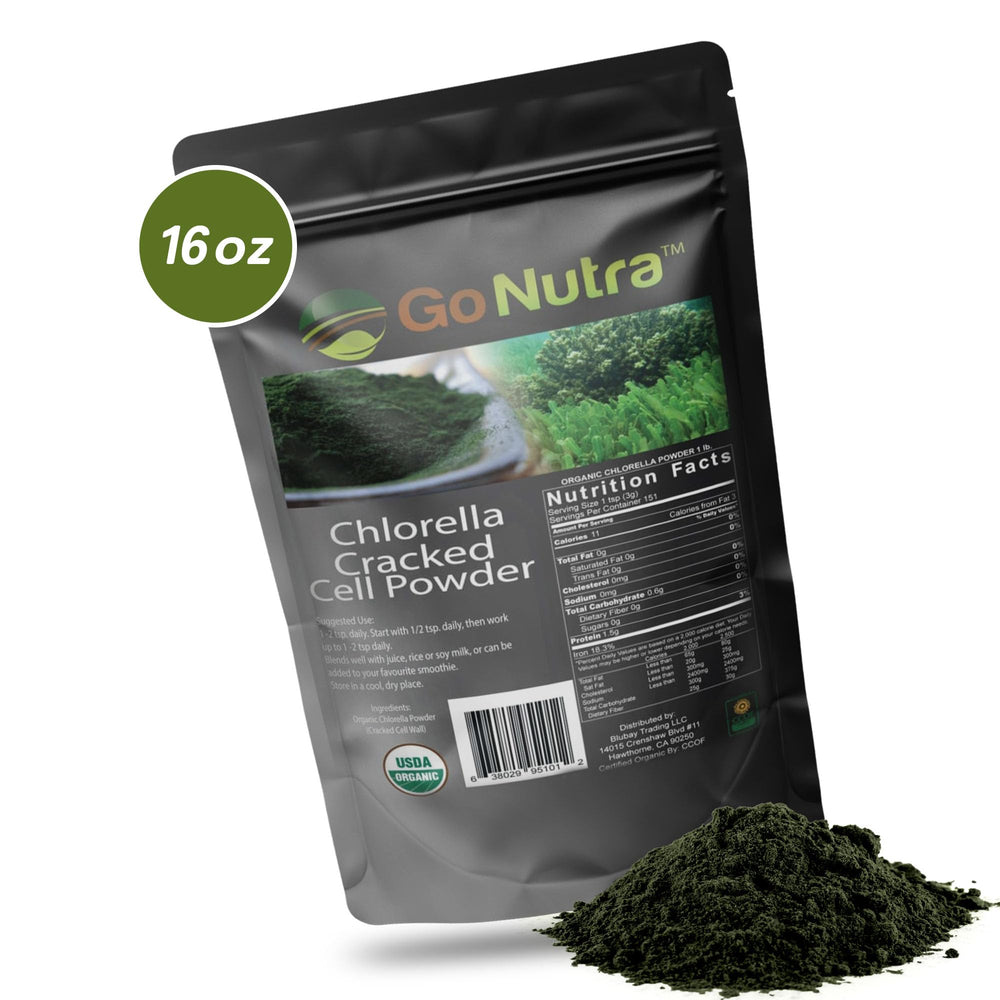 Go Nutra Chlorella Powder nutrition panel noting 20 nutrients