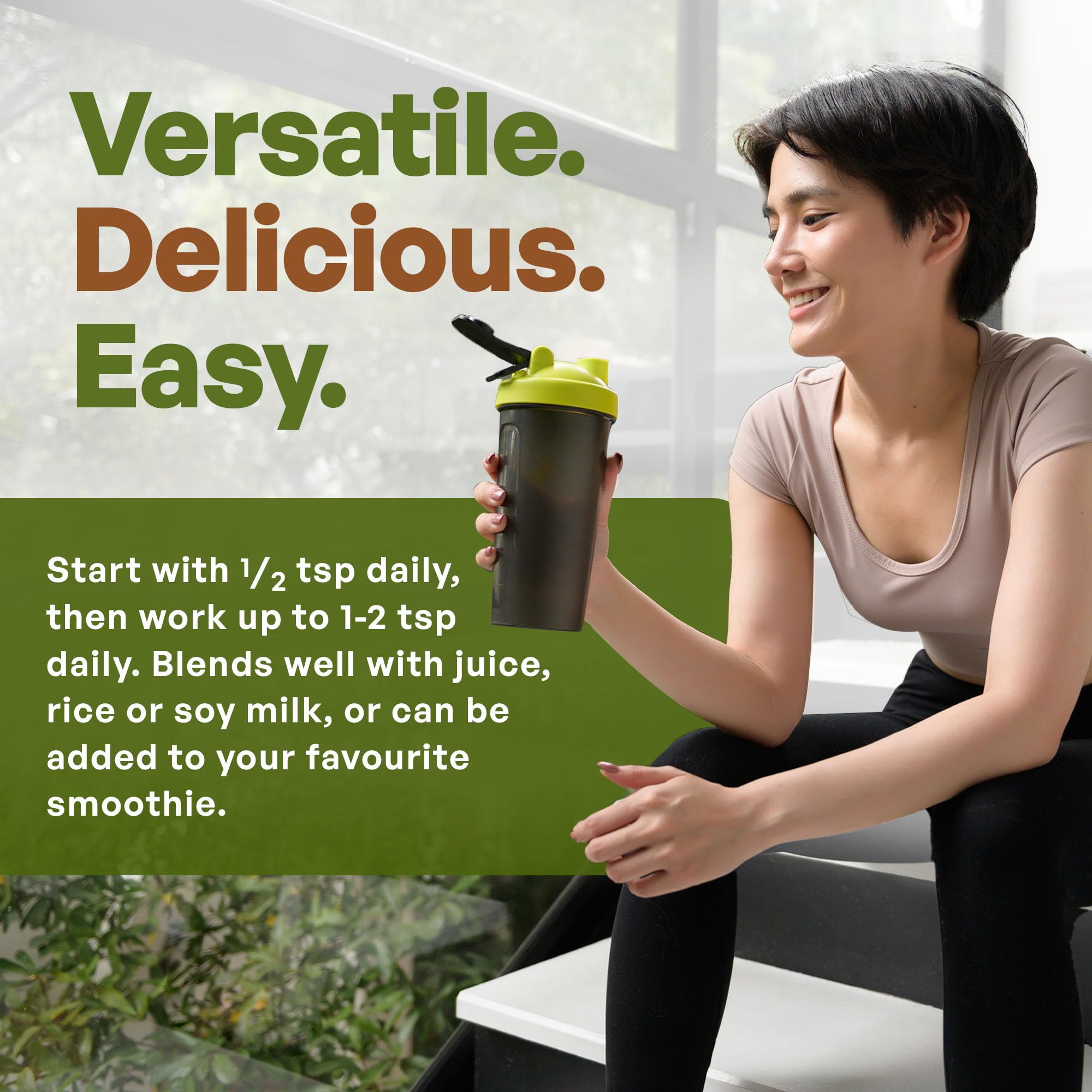 Go Nutra Chlorella Powder shake glass with green smoothie mix