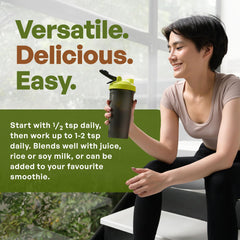 Go Nutra Chlorella Powder shake glass with green smoothie mix