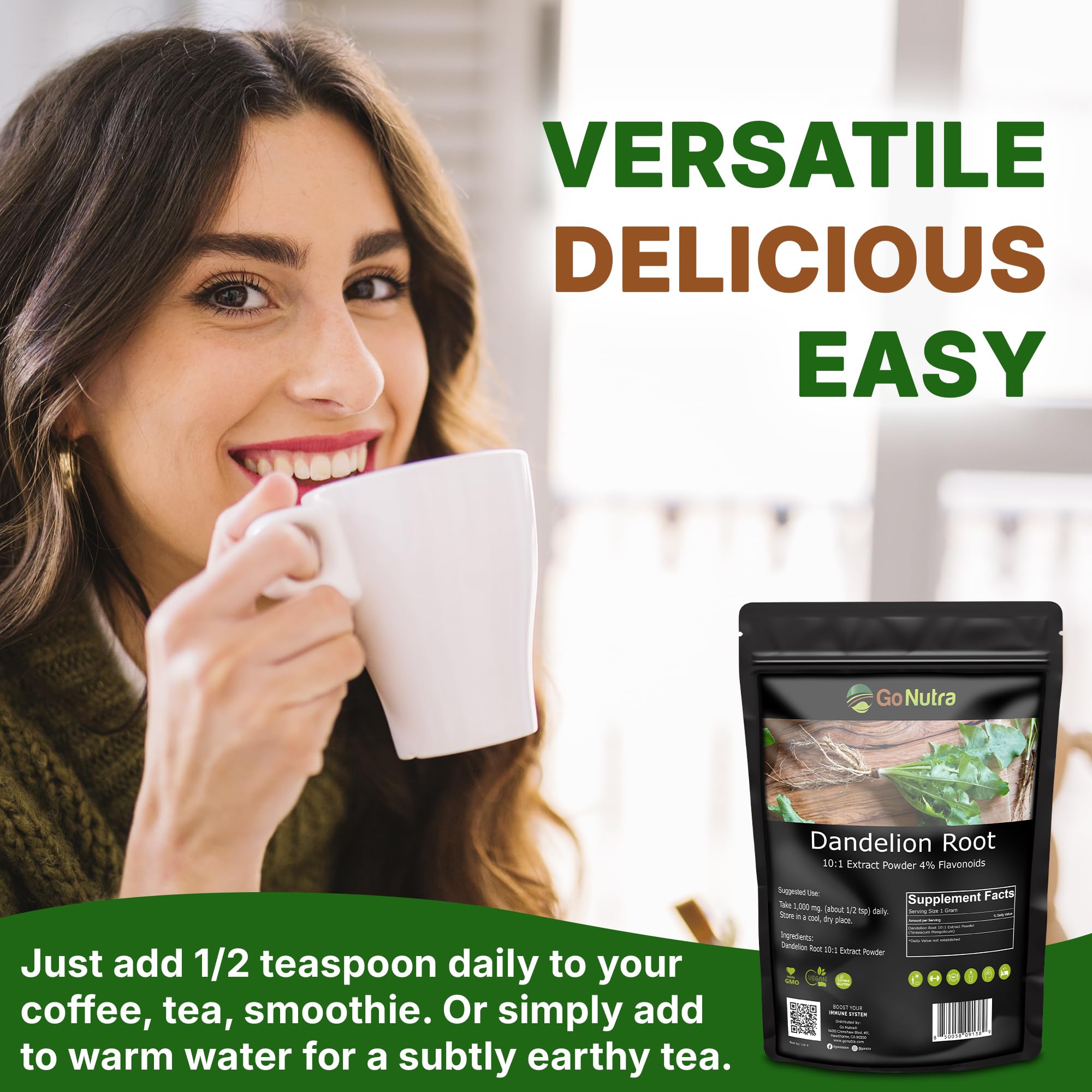 Go Nutra Dandelion Root Powder in resealable pouch preserving freshness