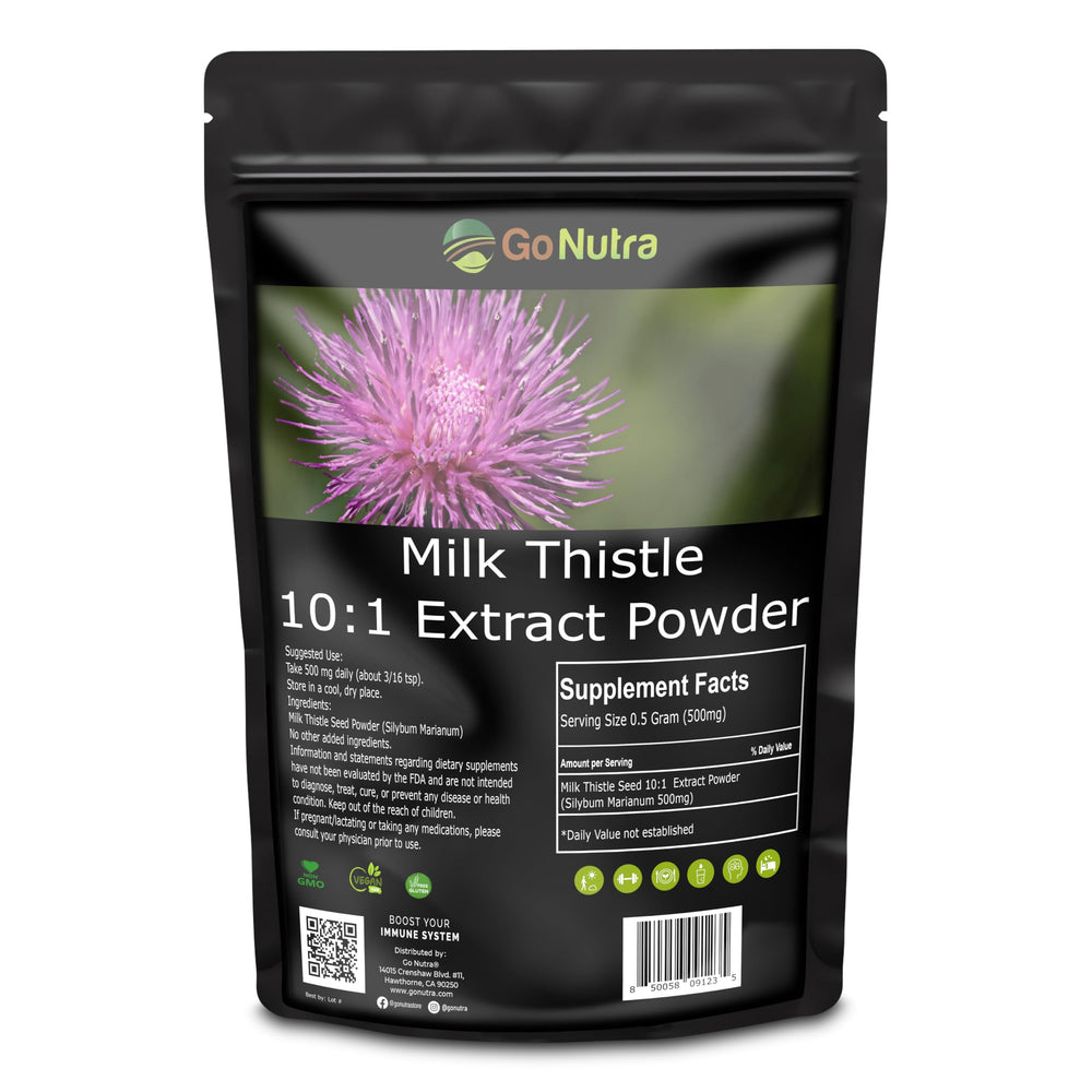 Go Nutra Milk Thistle powder jar highlights a concentrated 10:1 extract for daily wellness.