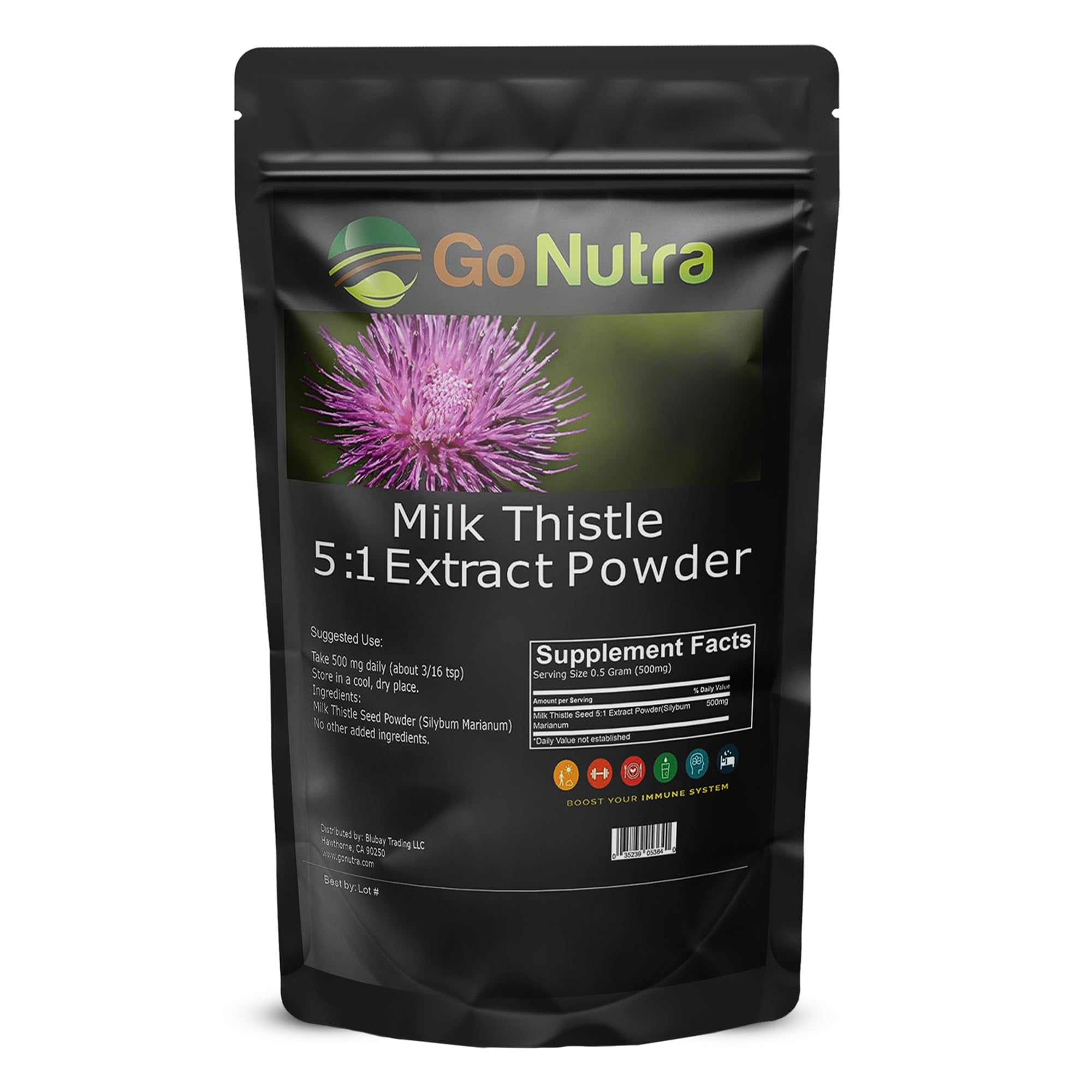 Go Nutra Milk Thistle powder pouring action suggests easy incorporation into routines.