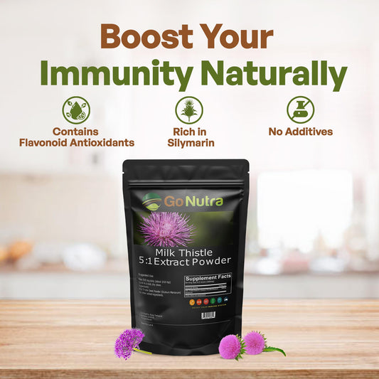 Go Nutra Milk Thistle powder scoop beside the jar for precise servings.