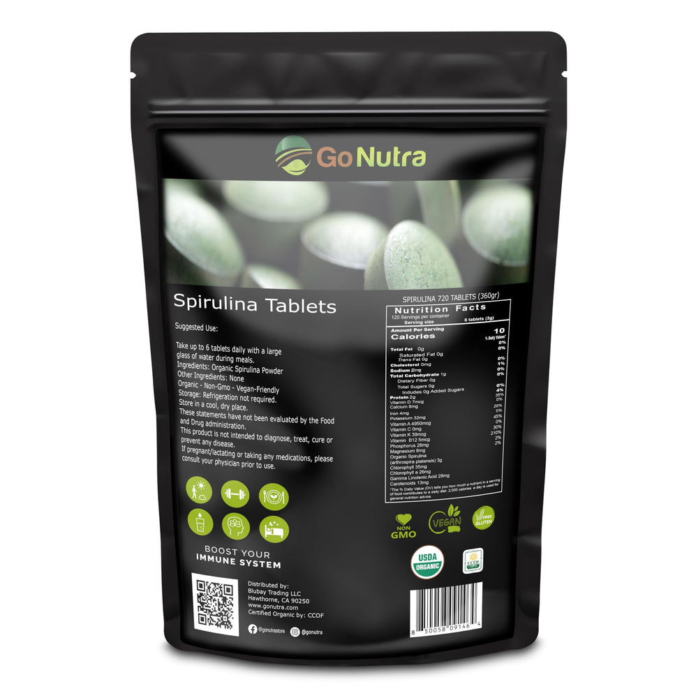 Go Nutra Organic Spirulina tablets in bottle front, convenient daily wellness option
