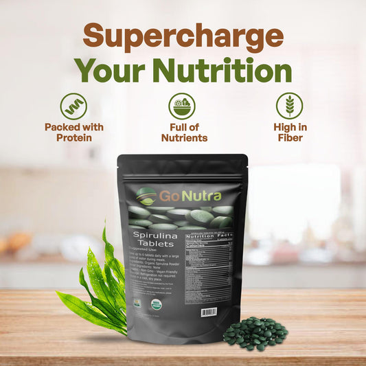 Go Nutra Spirulina tablets close-up reveals pure organic source