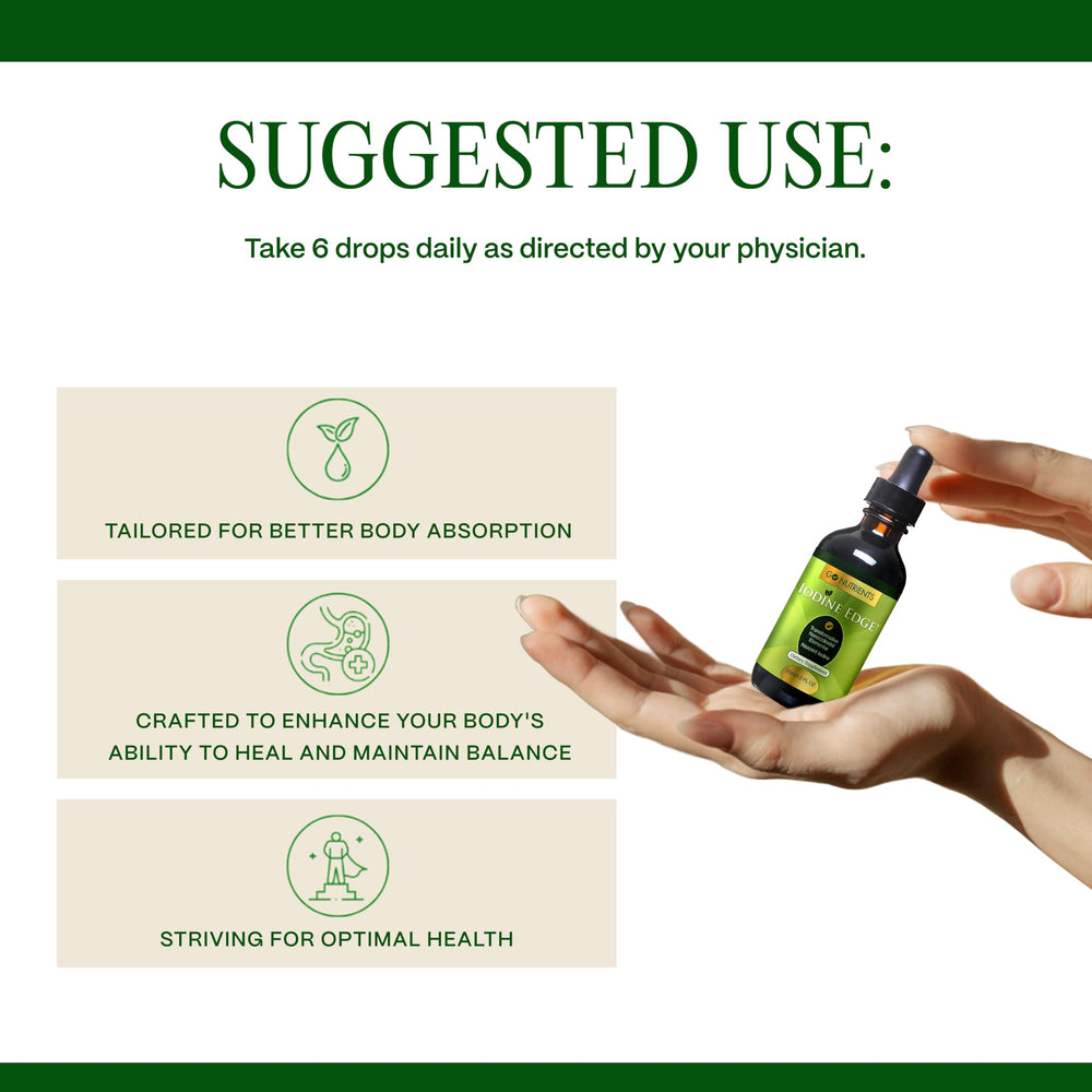 Go Nutrients Iodine Edge tincture bottle close-up emphasizes potency.