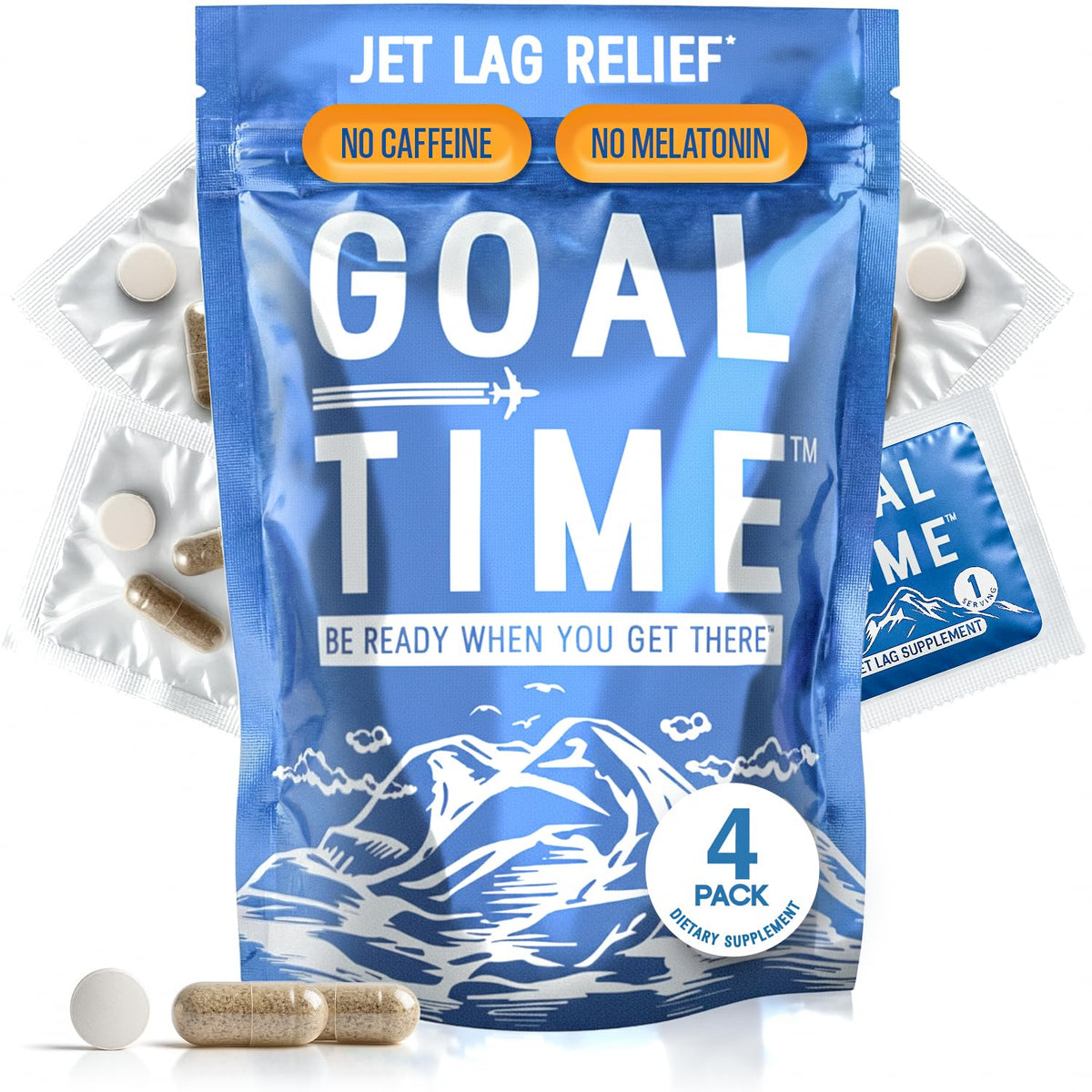 Goal Time Jetlag Relief bottle front shows clean, whole-food formula for travel support.