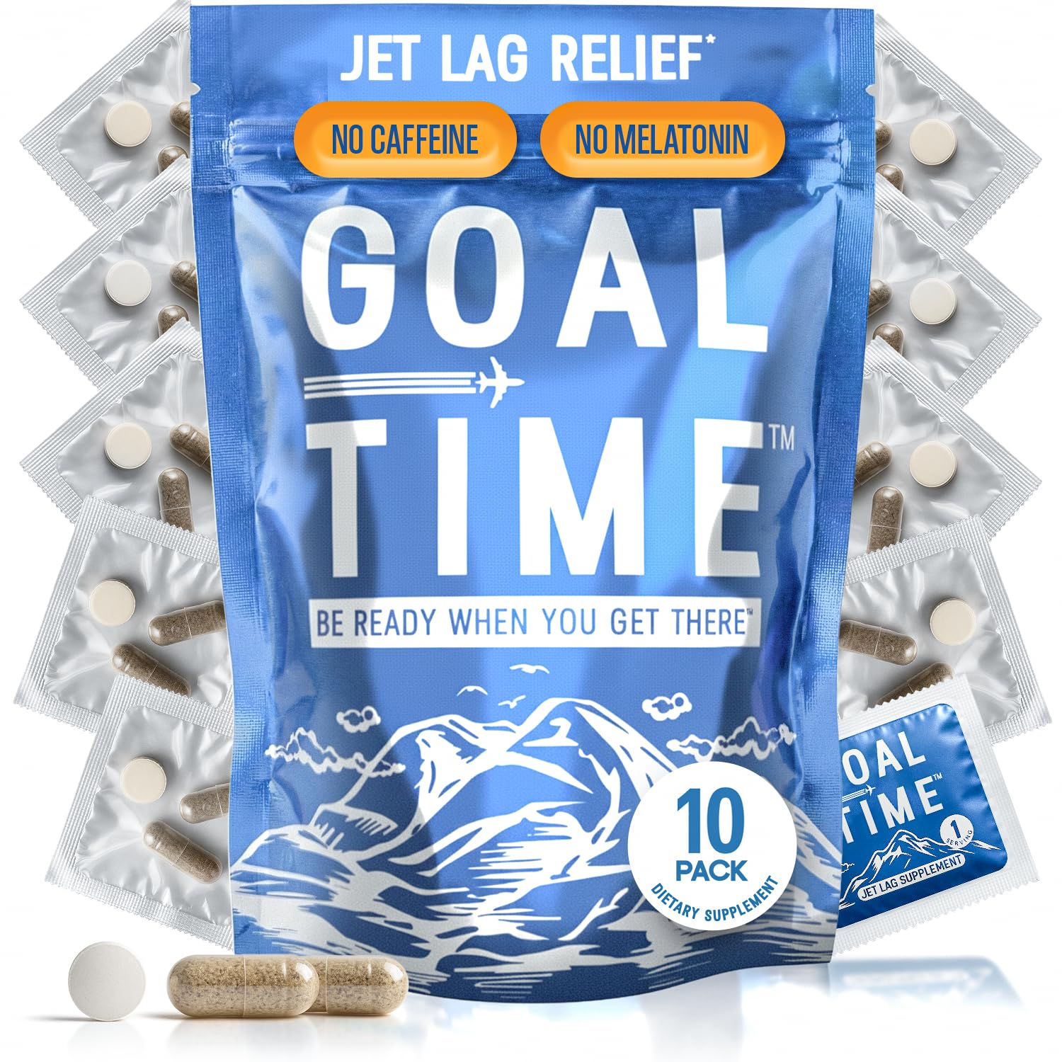 Goal Time Jetlag Relief pills pack front, travel-ready and sharp focus.