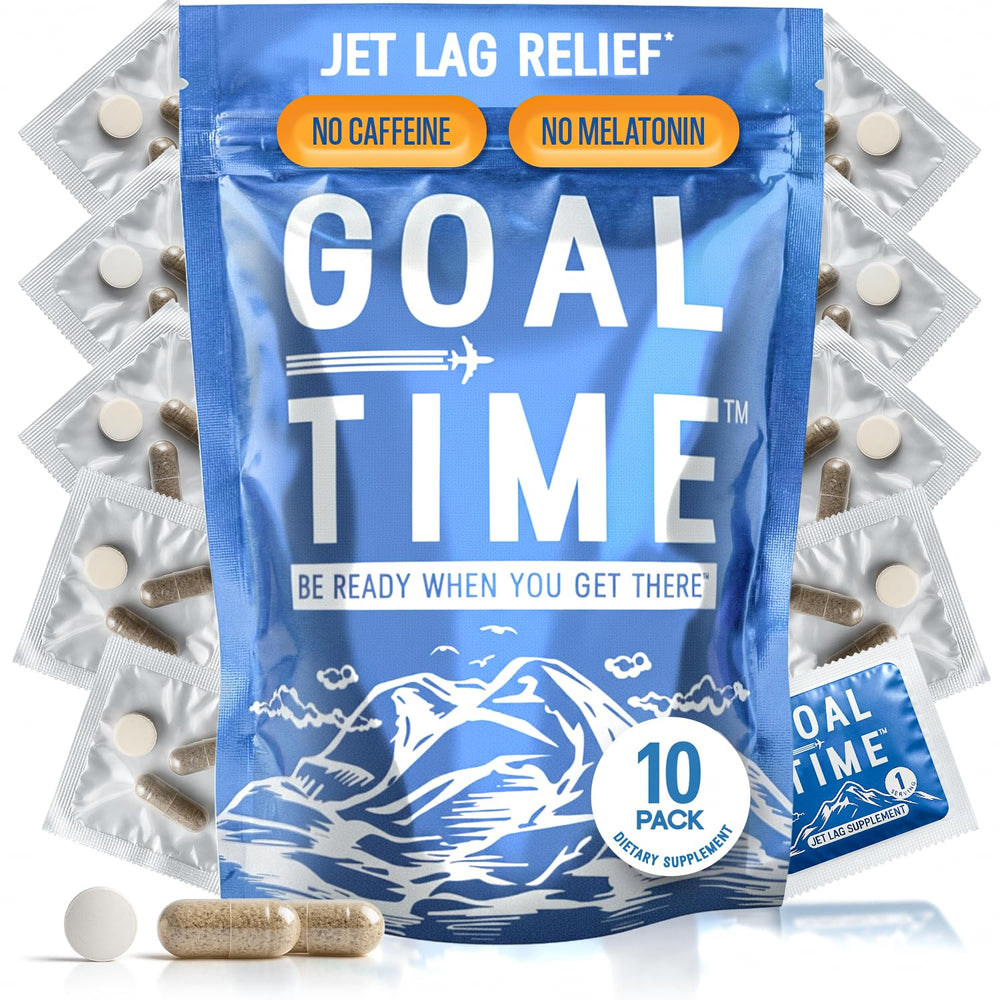 Goal Time Jetlag Relief pills pack front, travel-ready and sharp focus.