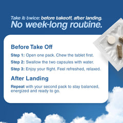Goal Time Jetlag Relief chew and bottle image emphasizes easy pre- and post-flight use.
