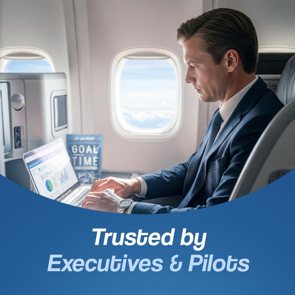 Goal Time Jetlag Relief travel scene highlights on-the-go lifestyle with long-haul flights.
