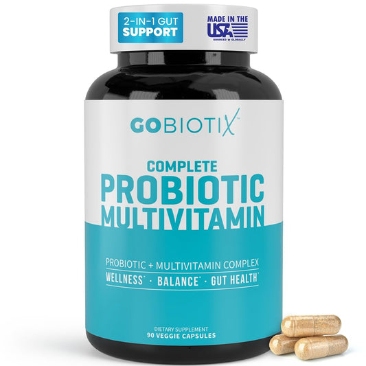 GOBIOTIX complete probiotic multivitamin bottle with 25B CFU supports daily gut balance.