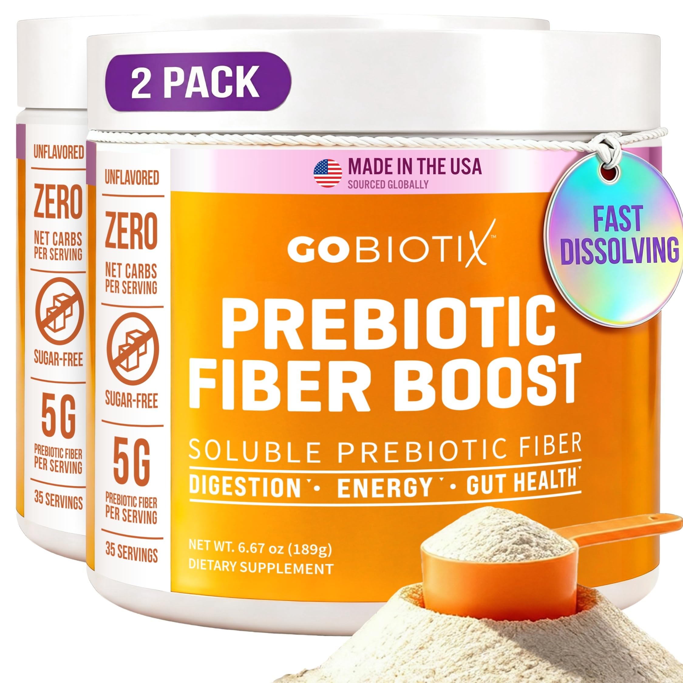 GoBiotix fiber powder jar showing plant-based fiber for daily gut support.