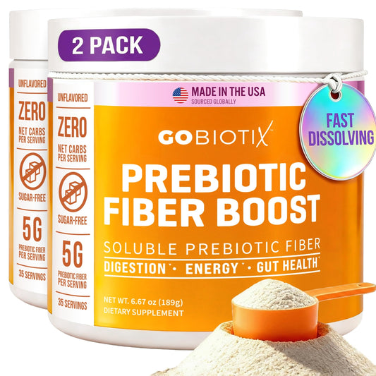 GoBiotix fiber powder jar showing plant-based fiber for daily gut support.