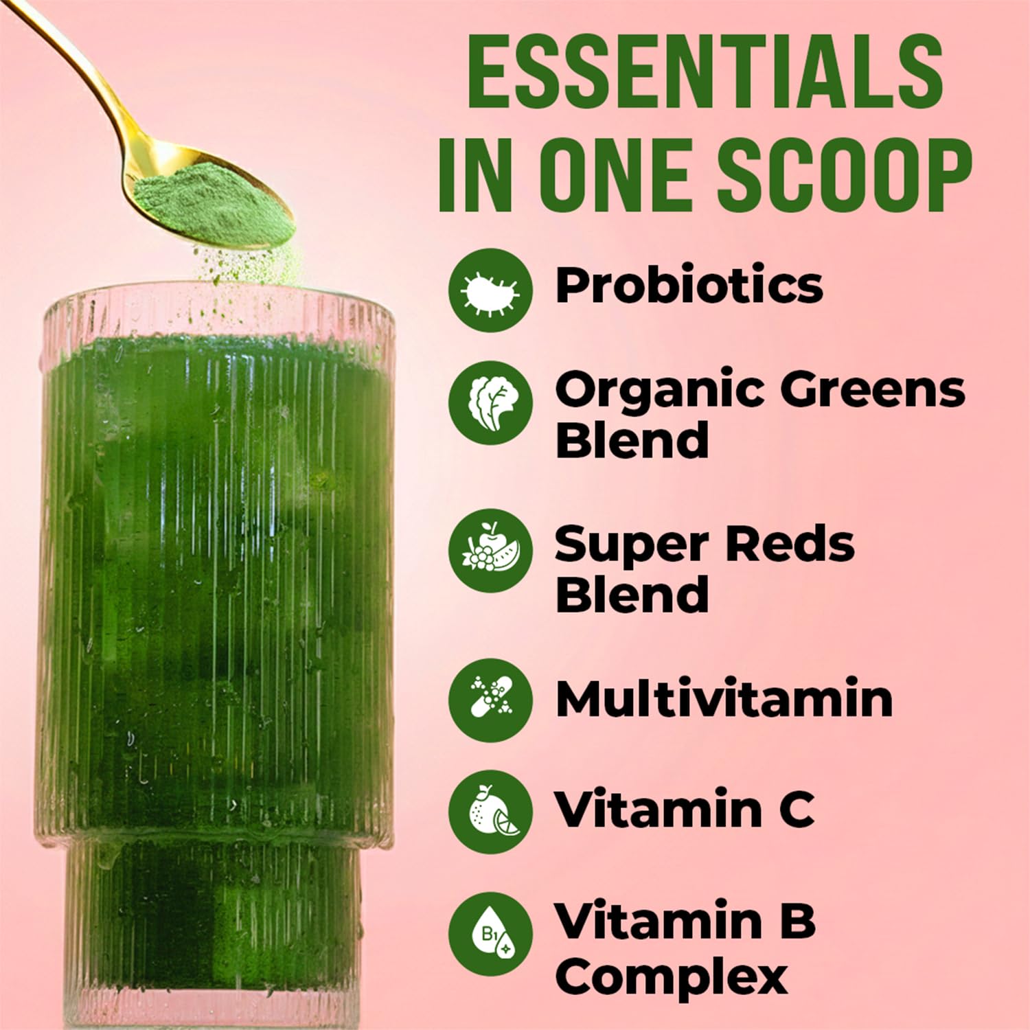 GOBIOTIX Greens Powder being poured into a glass for digestion-friendly drink