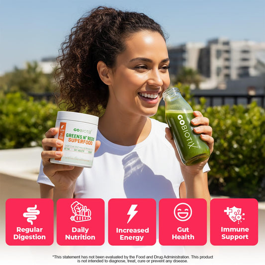 GOBIOTIX Greens Powder scoop-dispense highlights easy measurement for a quick healthy sip.