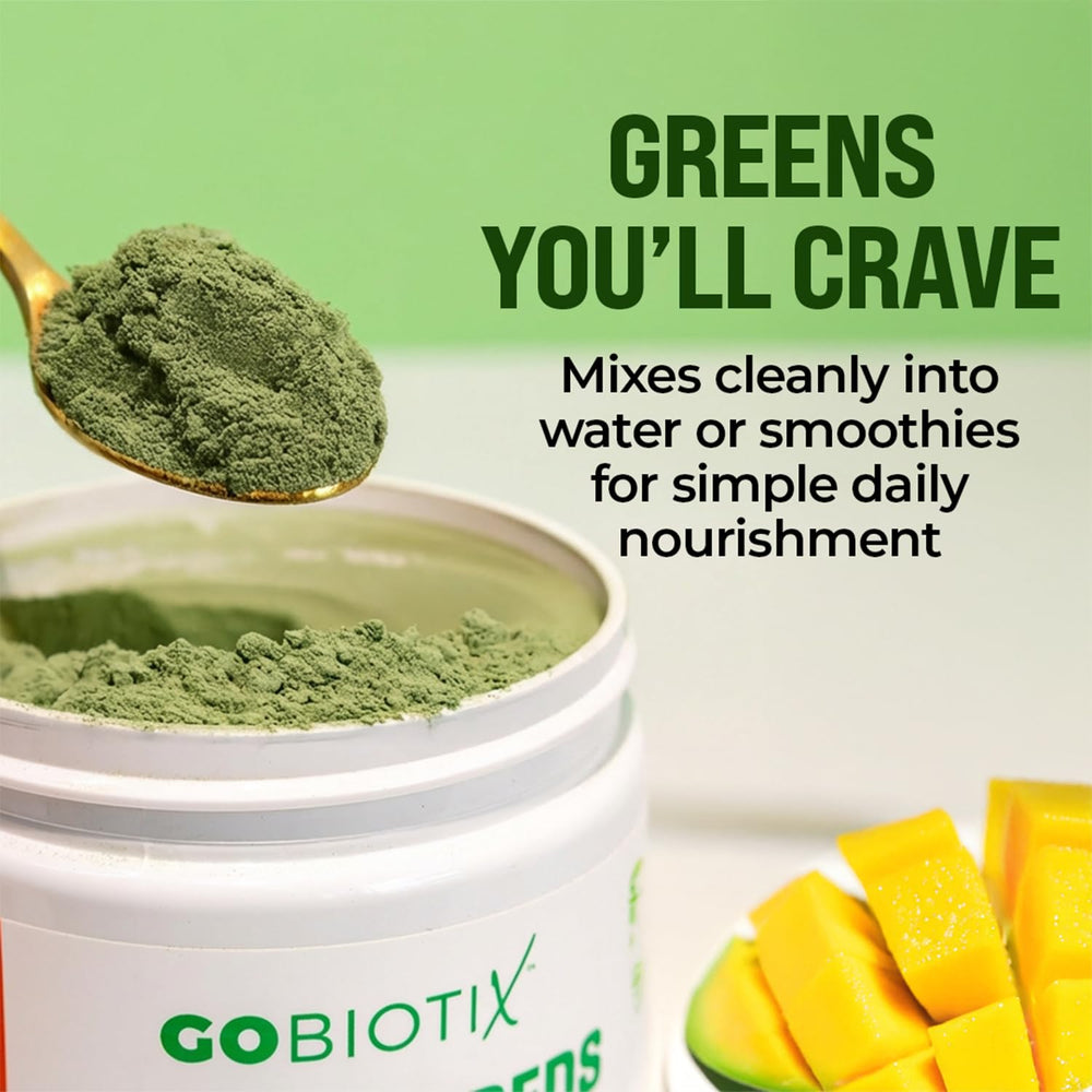 GOBIOTIX Greens Powder smoothie in a glass for morning energy