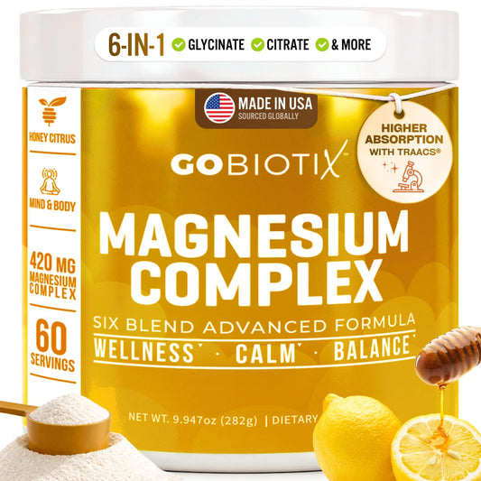 GoBiotix Magnesium Glycinate Powder honey citrus bottle label for a clean, sugar free hydration option