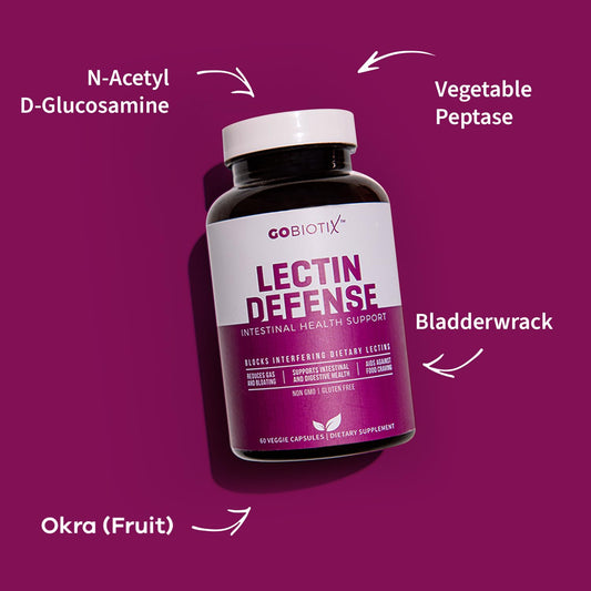 GOBIOTIX Lectin Defense packaging closeup highlighting non-GMO and gluten-free claim.