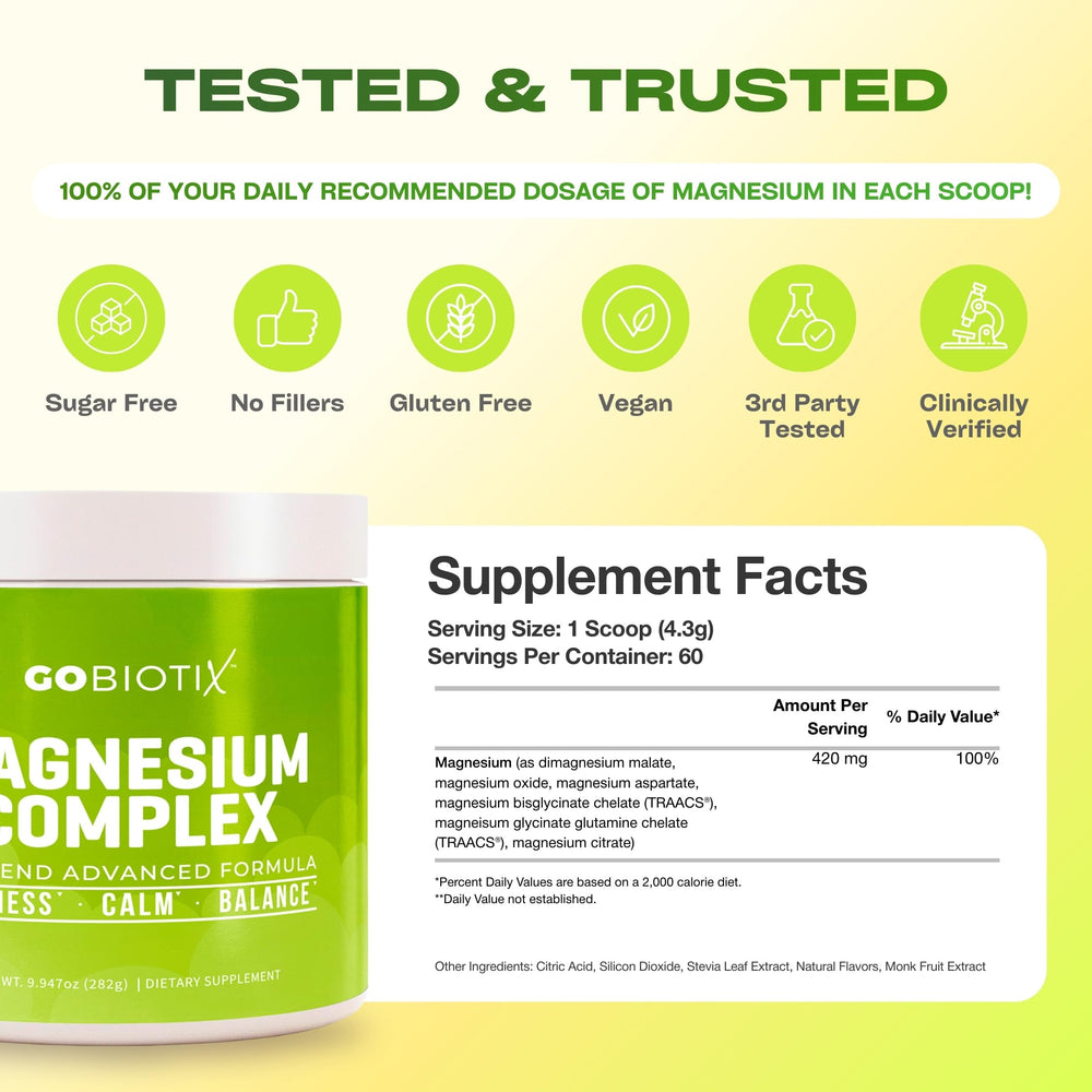 GoBiotix Magnesium Glycinate Powder Citrate Malate blend—balanced minerals for hydration and calm.