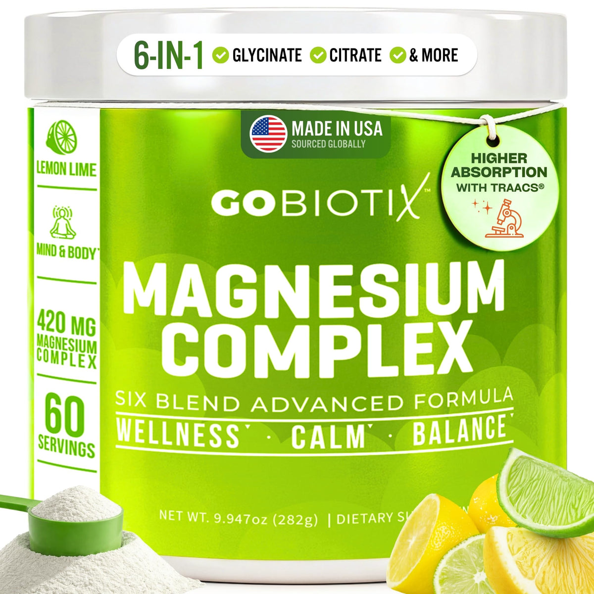 GoBiotix Magnesium Glycinate Powder Lemon Lime—60 servings, fast-dissolving for easy daily hydration.