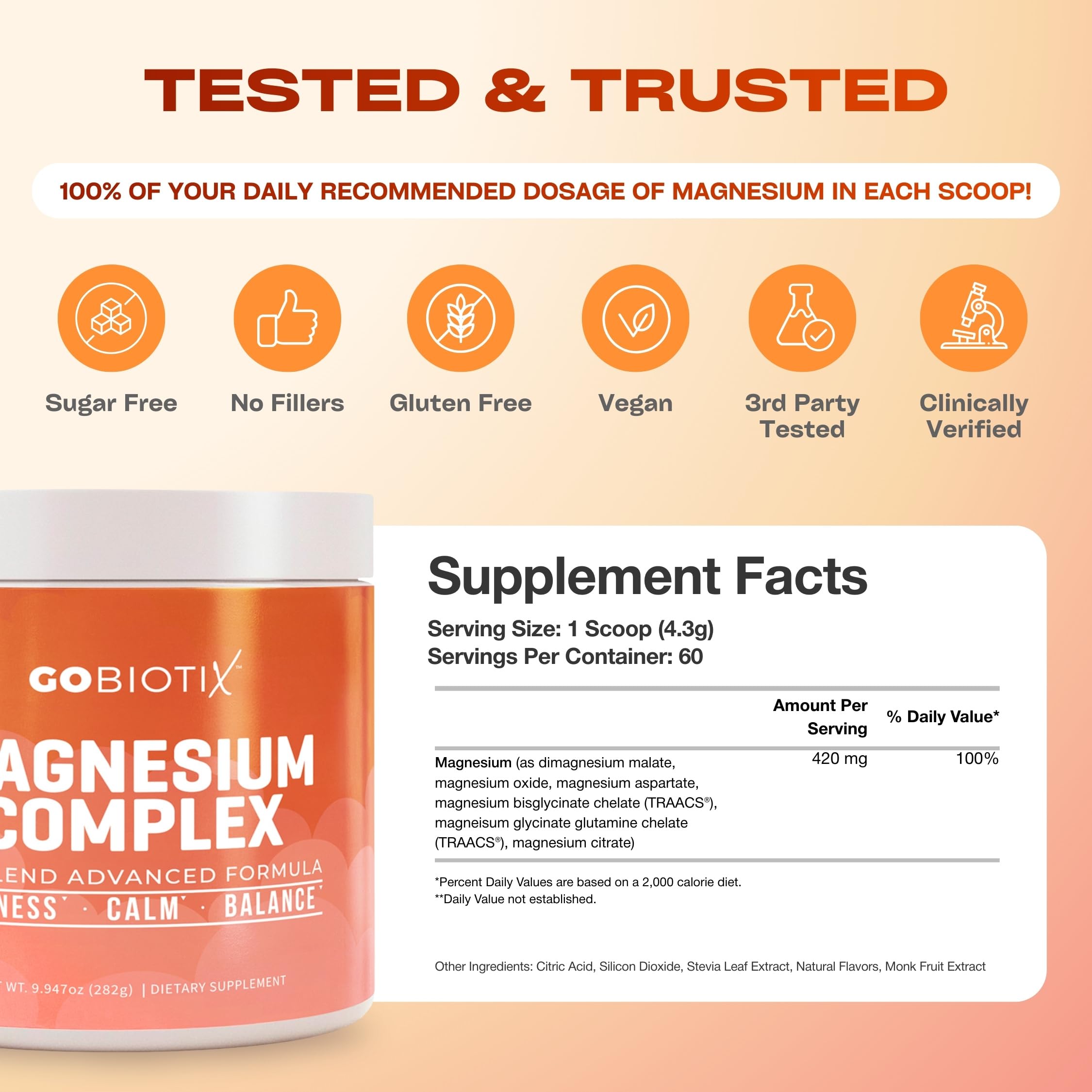 GoBiotix magnesium glycinate powder highlighting vegan and non-GMO ingredients