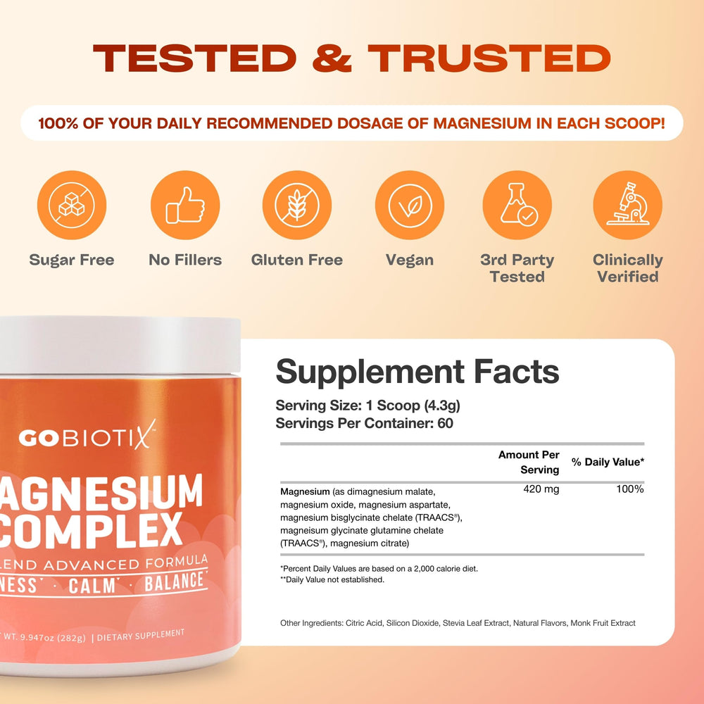 GoBiotix magnesium glycinate powder highlighting vegan and non-GMO ingredients
