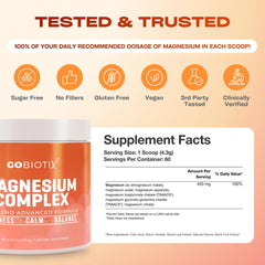 GoBiotix magnesium glycinate powder highlighting vegan and non-GMO ingredients