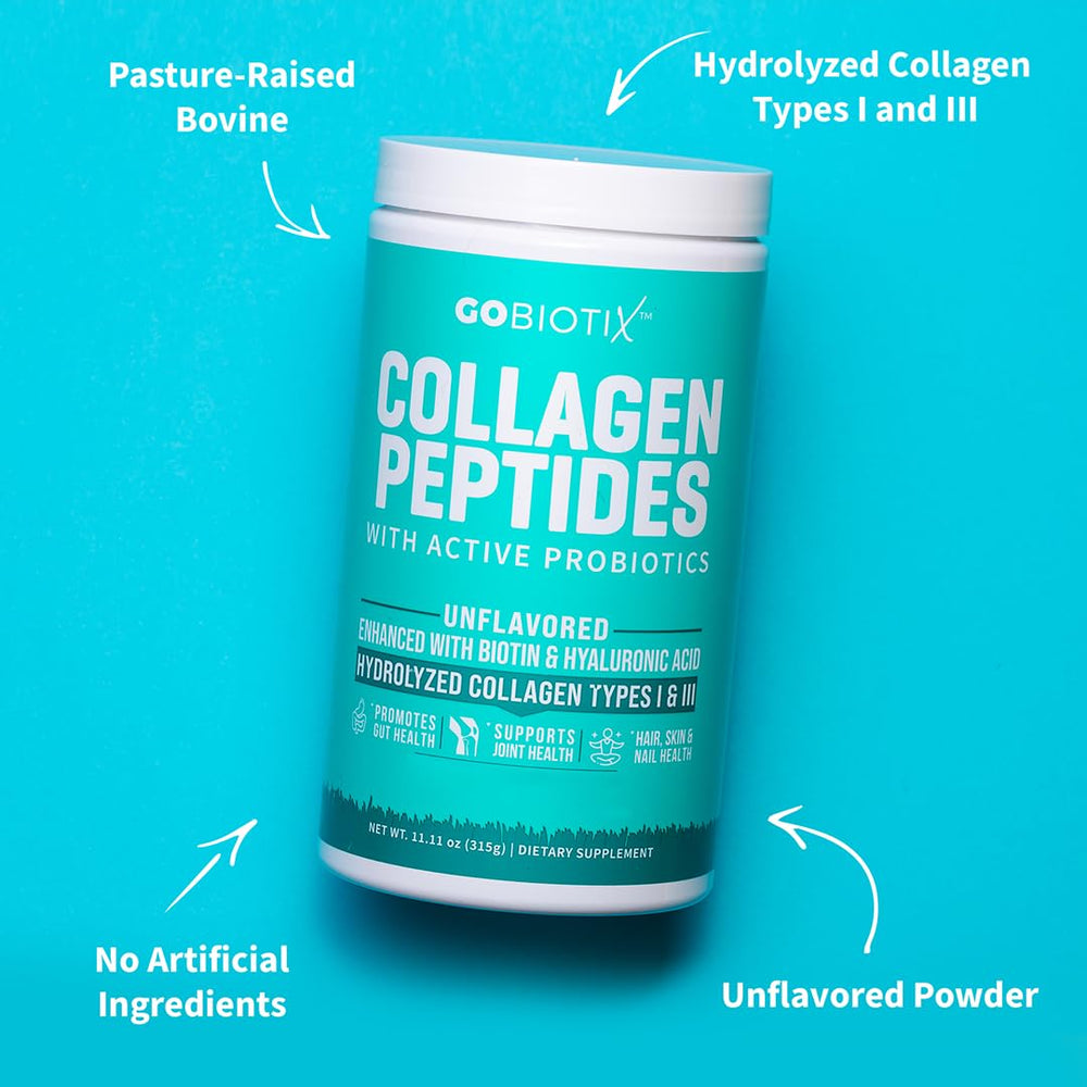 GOBIOTIX probiotic label on tub highlighting gut health support.