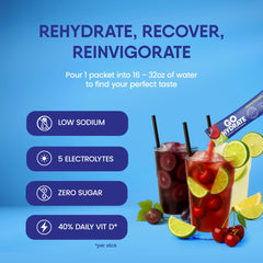 GoHydrate fruit punch packet dissolving in water, refreshing hydration on the go