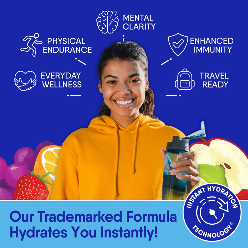 GoHydrate grape flavor packet being poured into water for on-the-go hydration