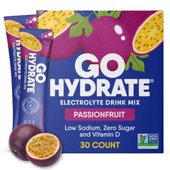 GoHydrate passion fruit packets for quick on-the-go hydration.