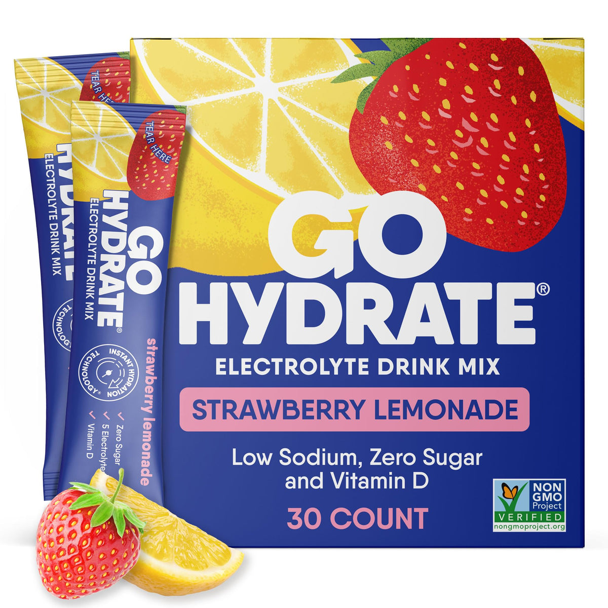 GoHydrate Strawberry Lemonade packets for quick, sugar-free hydration on the go.