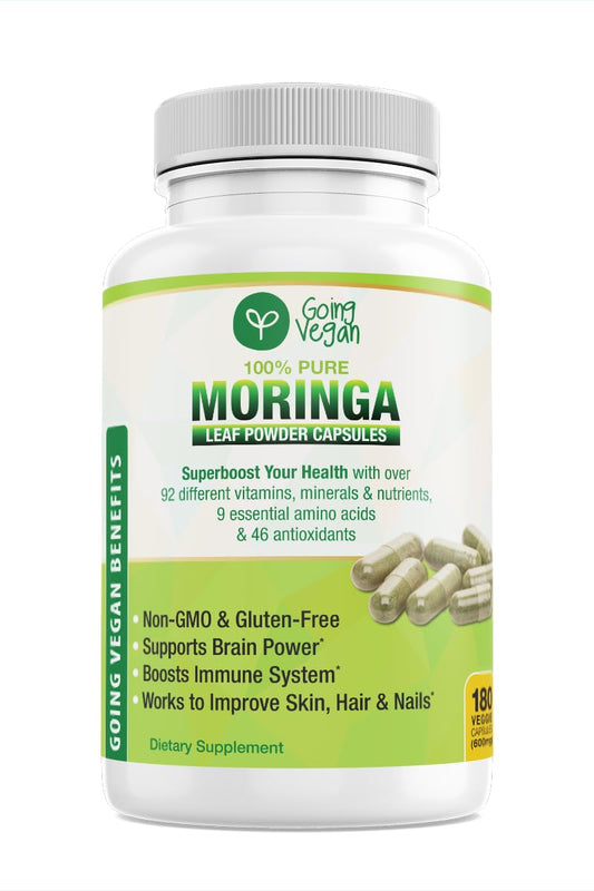 Going Vegan Moringa capsules bottle front, convenient daily immune-support supplement.