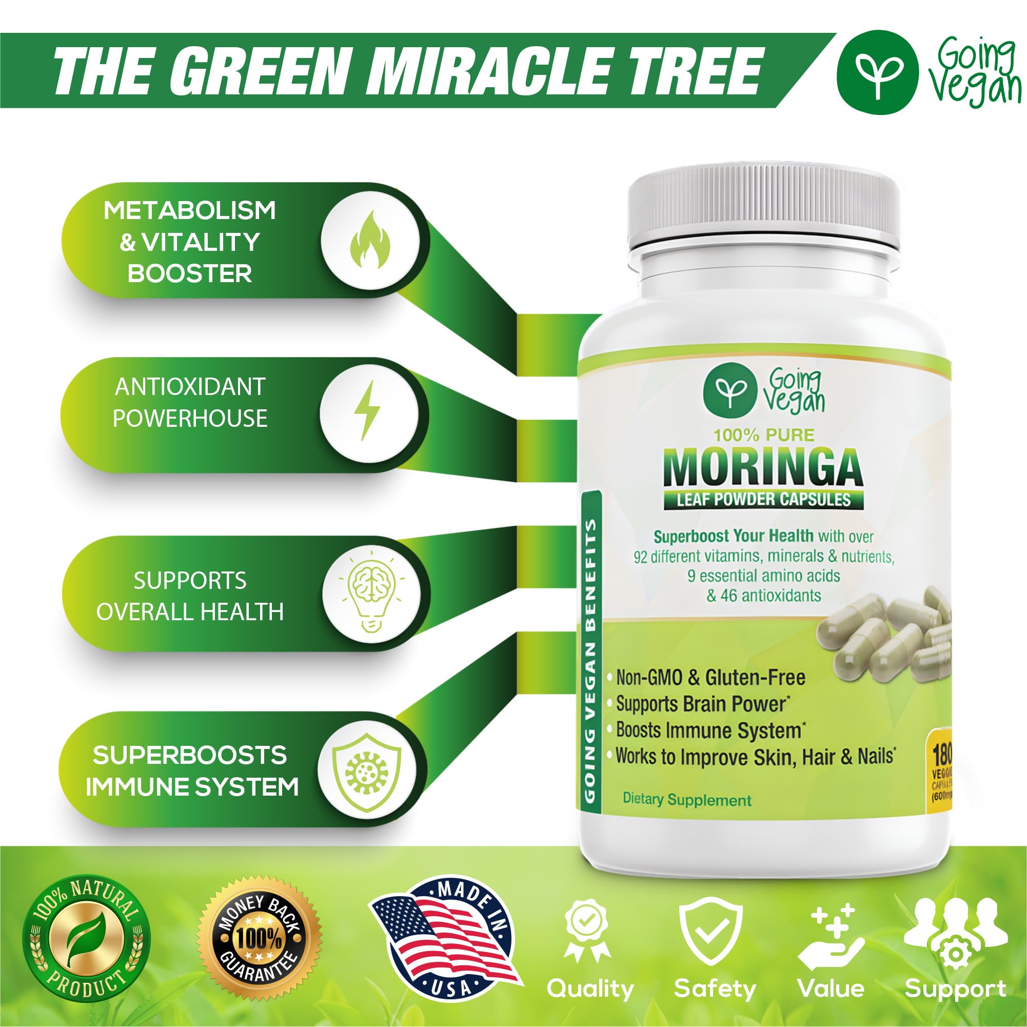 Going Vegan Moringa capsules bottle pour showing easy-to-take daily capsules.