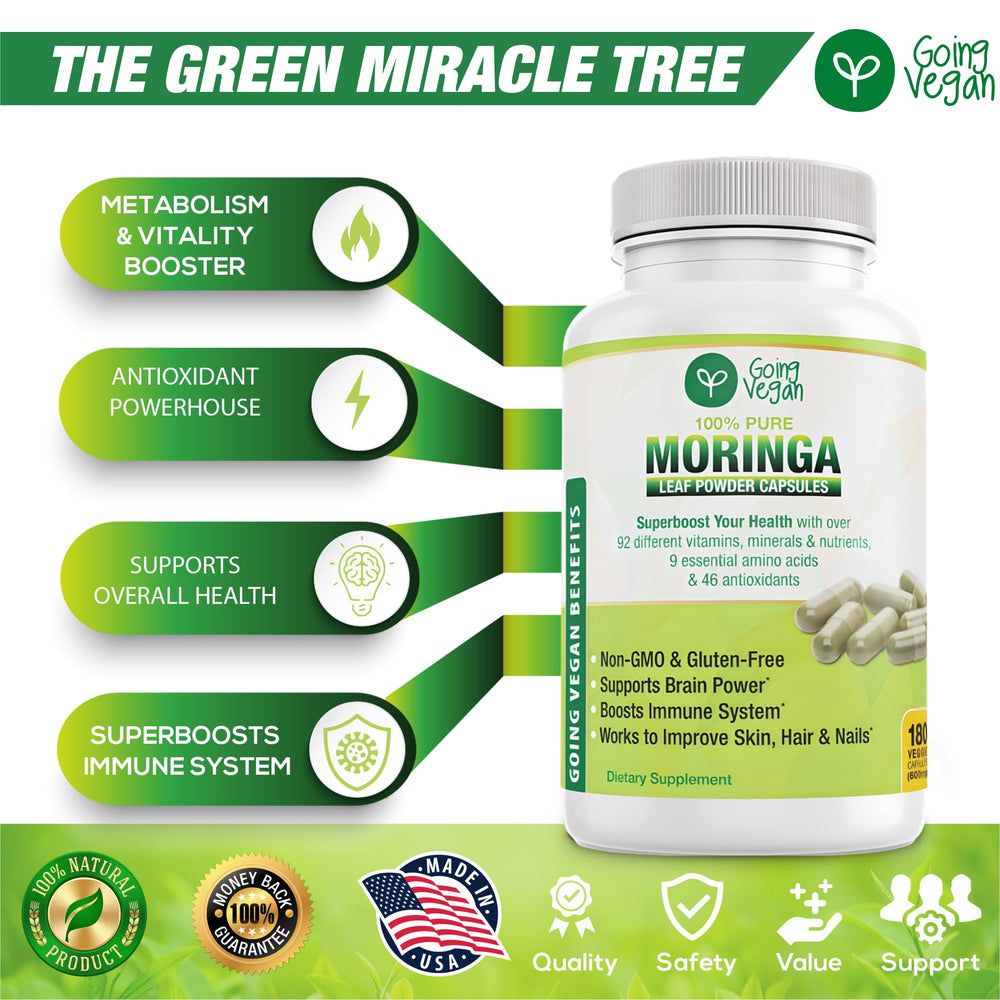 Going Vegan Moringa capsules bottle pour showing easy-to-take daily capsules.