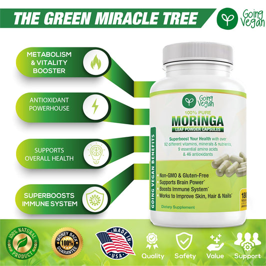 Going Vegan Moringa capsules bottle pour showing easy-to-take daily capsules.
