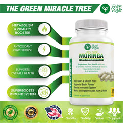Going Vegan Moringa capsules bottle pour showing easy-to-take daily capsules.