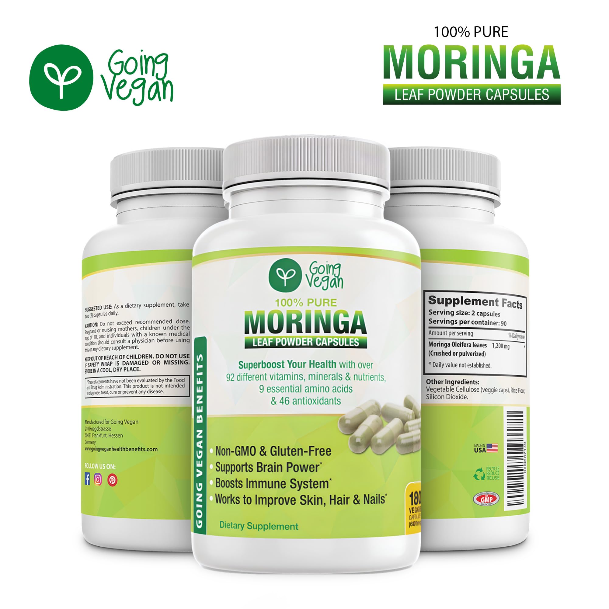 Going Vegan Moringa capsules label closeup highlighting non-GMO and gluten-free ingredients.
