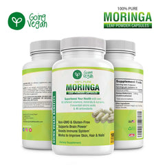 Going Vegan Moringa capsules label closeup highlighting non-GMO and gluten-free ingredients.