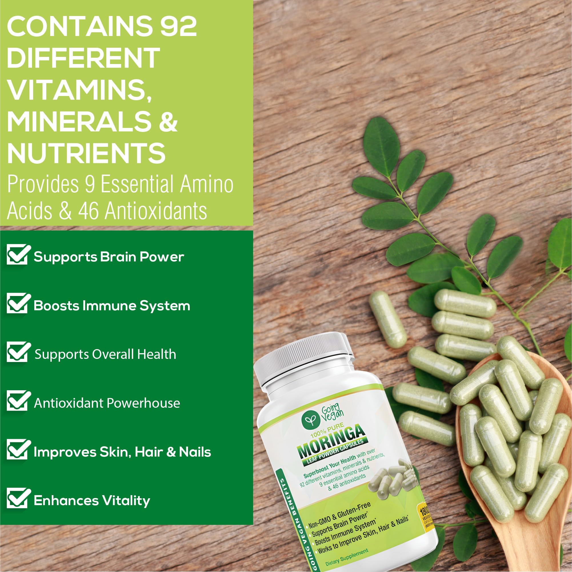 Going Vegan Moringa capsules packaging closeup conveys three months supply value.