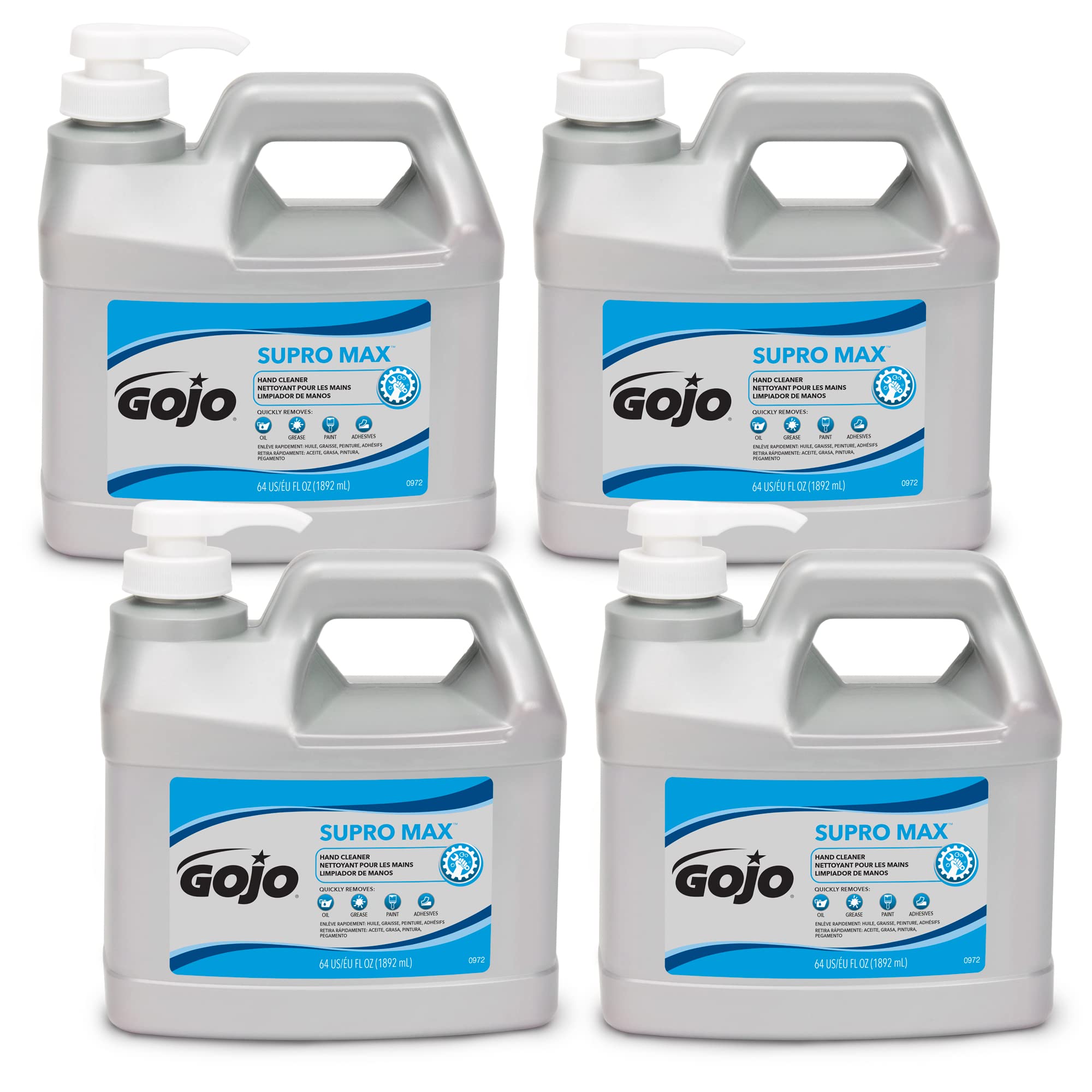 GOJO SUPRO MAX hand cleaner pump bottle for heavy-duty cleaning on greasy hands.