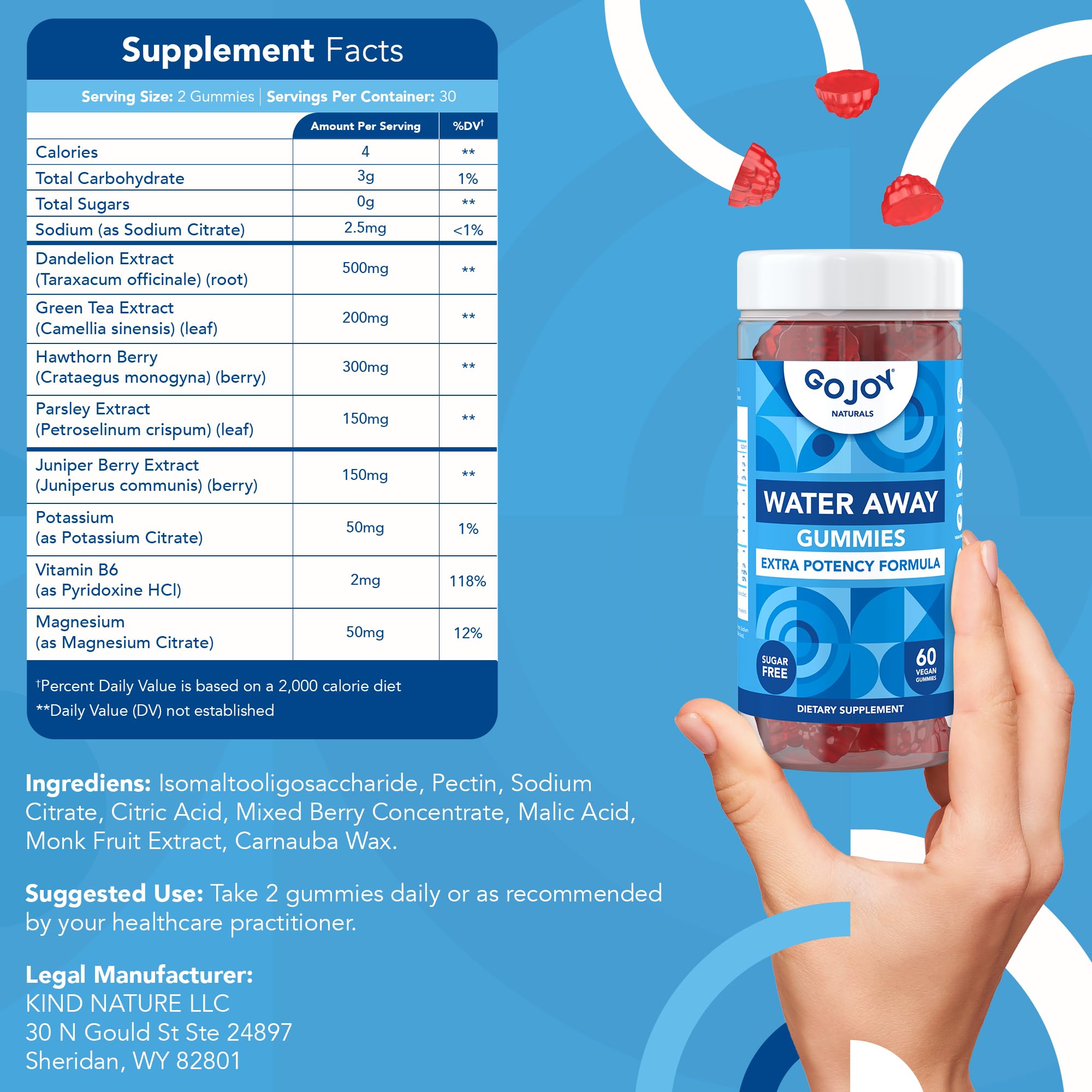 GOJOY Water Away gummies on a kitchen counter beside a glass of water for daily hydration.